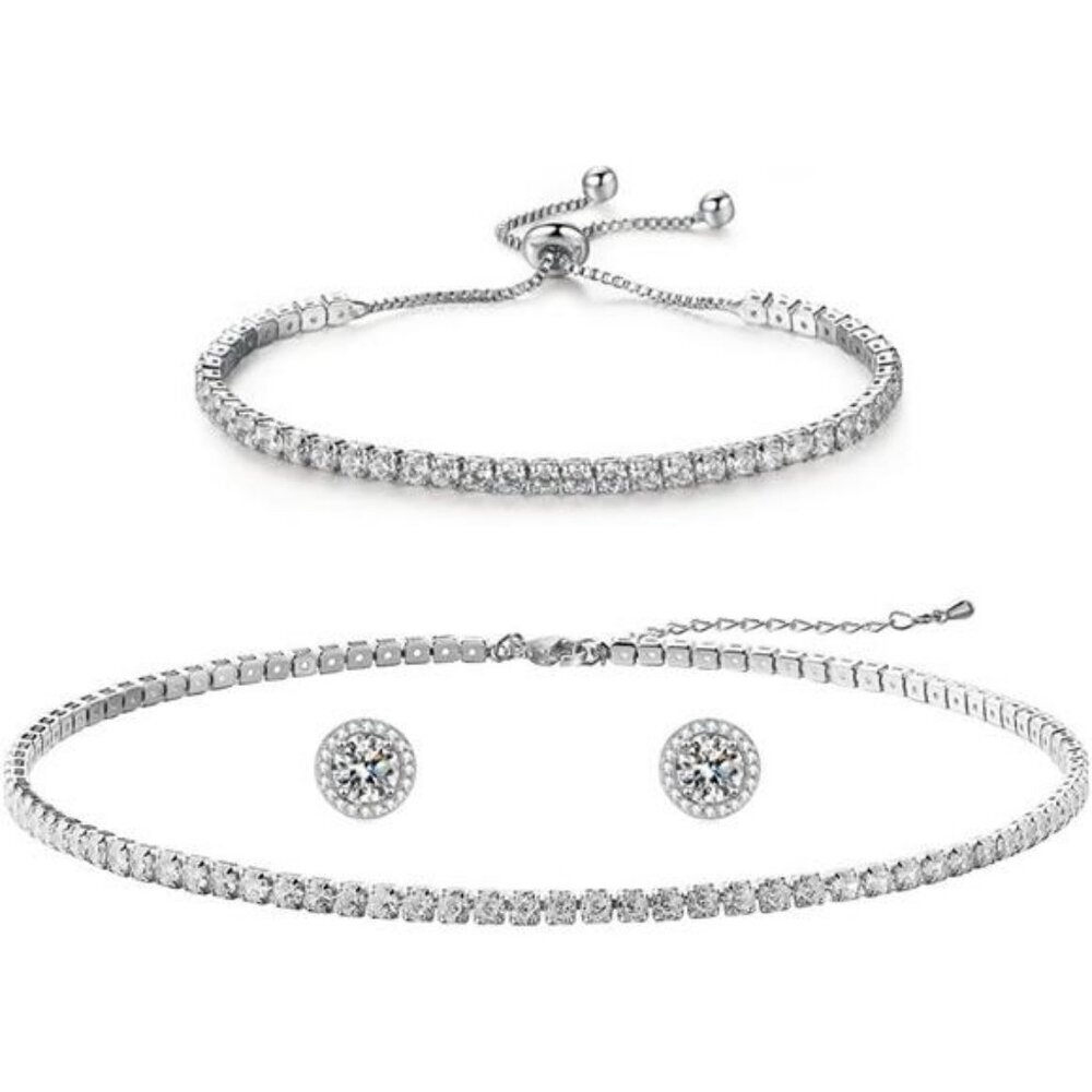 Silver Tennis Necklace Bracelet Earrings Set Wedding Jewelry Bridesmaid Prom Gif